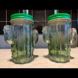 Two 13.5 oz Glass Cactus Mason Jar / Mugs / Cups